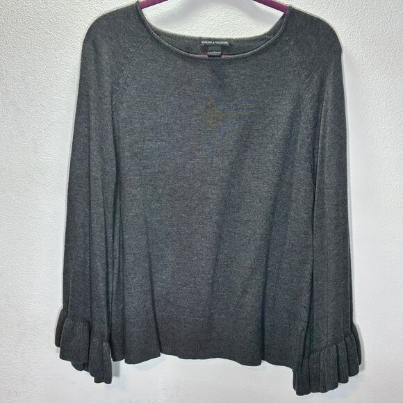 Chelsea & Theodore Sweaters - Chelsea & Theodore Gray Ruffle Sleeve Sweater Small Soft Knit Cashmere Blend